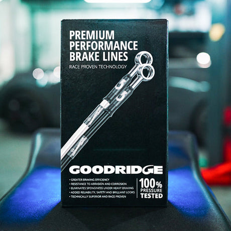 Premium performance braided brake lines in a box made by Goodridge