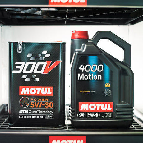 Motul 300V and Motul 4000 Motion engine oil in a show room